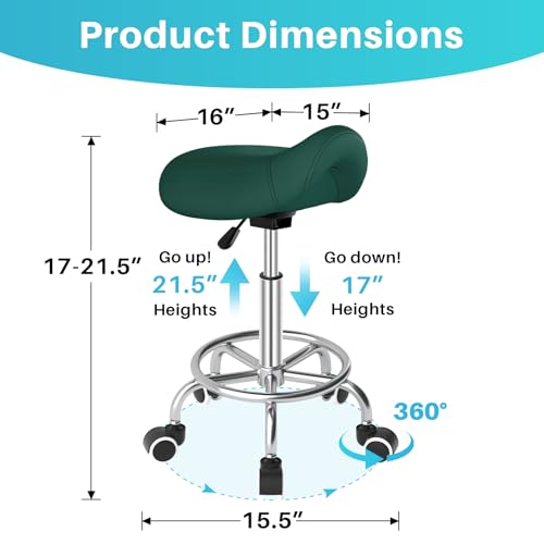 Image of YEEZEE Saddle Stool Ergonomic- Comfortable Rolling Saddle Stool with Wide Thick Saddle Seat Padding, Swivel Adjustable Saddle Chair with Wheels and Ring Pedal for Medical Massage Salon (Green)