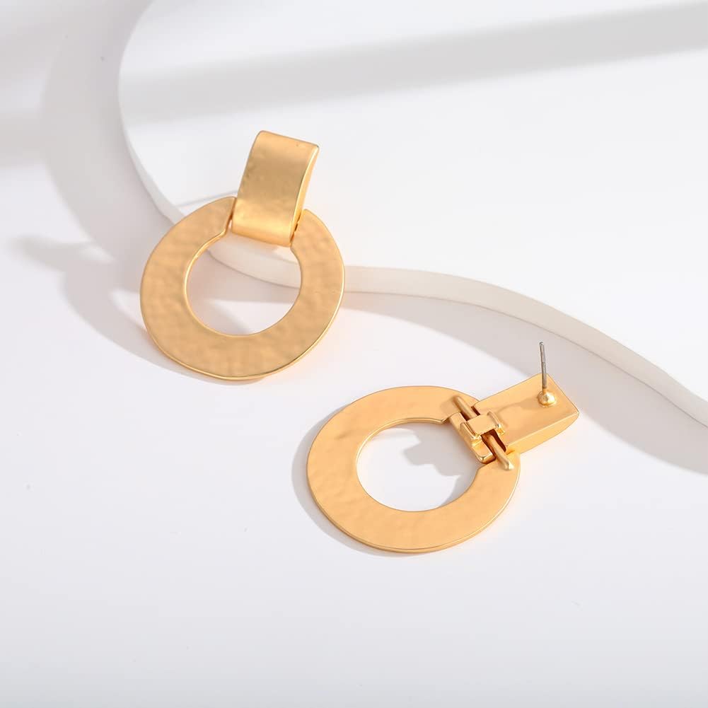 CLASSYZINT Matte Gold Dangle Earrings For Women, Hammered Round Square Heart Charms Gold Statement Retro Earrings | Gold Silver… - Image 7
