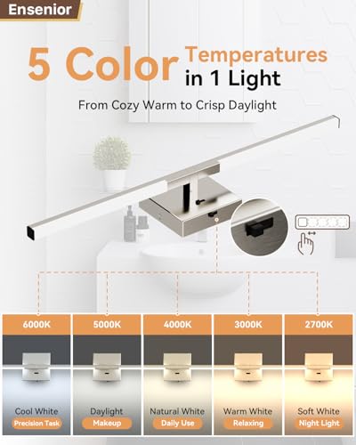Image of Ensenior Modern Brushed Nickel Bathroom Vanity Light 24 inch, Built-in Dimmer, 1100LM Dimmable 5CCT Led Bath Lights, Bar Vanity Light for Bathroom Mirror Cabinets Bedroom-FCC & ETL Certificated