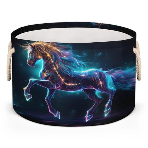 Large Collapsible Blanket Storage Basket for Gifts Empty, Black Horse Round Fabric Laundry Hamper Basket, Baby Dog Toy Bins with Handle, Closet Organizer for Living Room(A-509)