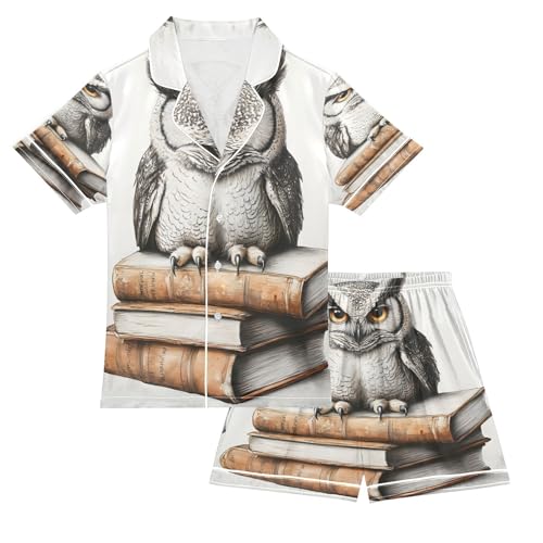 ALAZA Funny Bird Owl Book Satin Pajamas Set Short Sleeve Button Down Sleepwear Summer Pjs 2 Piece