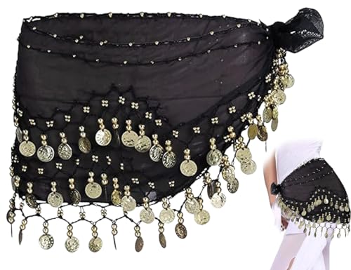 Lhbwhiz Bufandas de Cadera para Danza del Vientre para Mujer,Bufanda de Gasa con cinturón,Bufanda de Baile con cinturón de Monedas,Disfraz de Cintura,Faldas con Forma de Onda(Negro)