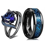 Poening Personalized Black and Blue Wedding Rings Set for Him and Her Matching Promise Rings for Couples Engraved Name Rings for Couples Womens Blue Sapphire & Cubic Zirconia Ring (Style 5)