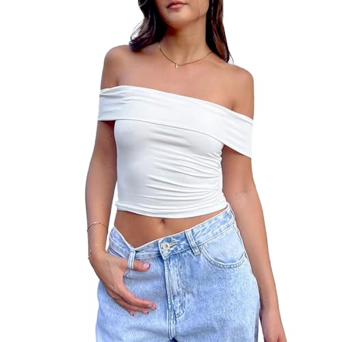 EMOTTOS Tops de un Hombro con Pliegues para Mujer, Elegante Crop Top con Mangas Plisadas, Verano Sexy Off-Shoulder Ruched Cintura Camisa, Moda Skinny Y2K tee Shirts(Blanco,S-L)