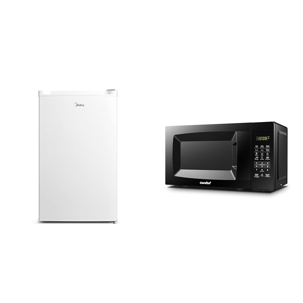 Midea WHS-109FW1 Upright Freezer, 3.0 Cubic Feet, White &amp; COMFEE' EM720CPL-PMB Countertop Microwave Oven with Sound On/Off, ECO Mode