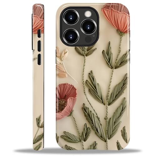 Compatible with iPhone 14 Pro Case - Dual-Layer Protection, Hard Shell with Silicone Interior,Slim Scratch Resistant Shockproof for Woman Men - Faux Embroidery Boho Floral