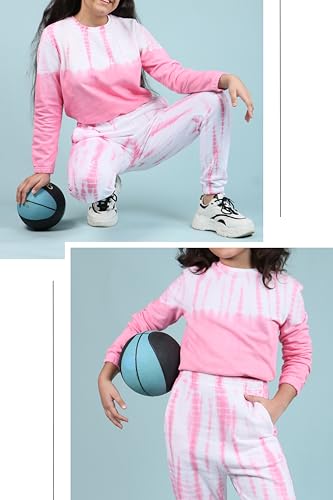 Image of Tweeny Mini Girls Kids Pure Cotton Terry Joggers Set | Tie Dye Co ord Set Winter Combo Outfit with Full Sleeves Sweatshirt and Pants | Relaxed and Comfortable Fittings