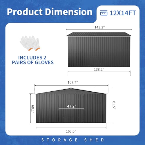 Image of AirWire 12x14 FT Storage Shed, Garden Shed with Lockable Doors and Updated Frame Structure, Metal Tool Sheds for Backyard Garden Patio Lawn, Black