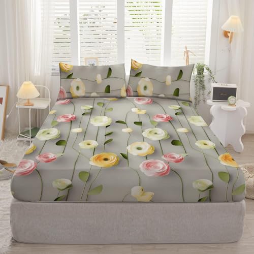 Image of DECOMIZER 300TC Cotton Feel Glace Cotton Elastic Fitted 7D Printed King Size Double Bed Bedsheet with 2 Pillow Covers Fits Upto 8 inches Mattress,72x78, Grey Bale Lotus