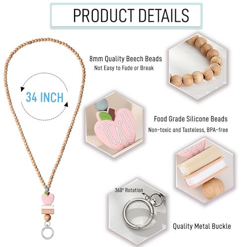 Image of Teacher Lanyard Lanyards for ID Badges Keys Women Wood Silicone Beaded Lanyard with ID Holder Work Jewelry