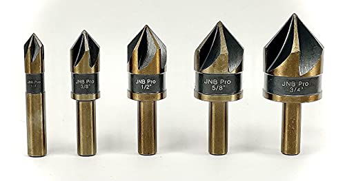 Jnb Pro Countersink Drill Bit Set For Metal - 5 Pc High Speed Steel With 5% Cobalt Hss-Co M35 Grade, Sizes 1/4", 3/8", 1/2", 5/8" & 3/4" - 5 Flutes 82 Degree - 1/4" Shank - Metal Countersink Bit Set #TOP1