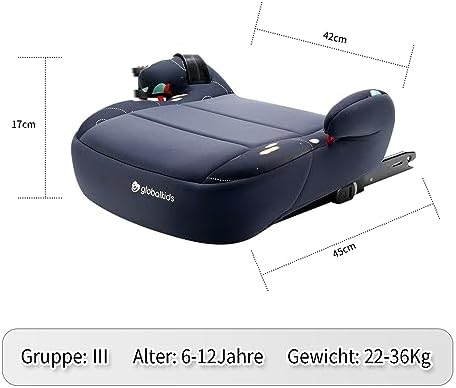 globalkids Isofix Baby Car Booster Seat - Group 3 (6 to 12 Years Approx., 22-36 kg),Comfortable,Light Weight Compact,with Cupholders(Navy Blue)