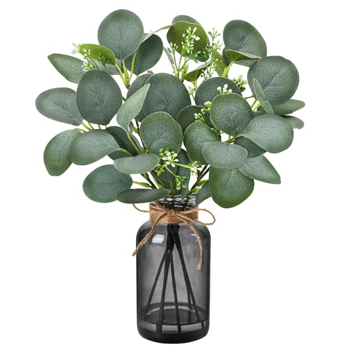 Der Rose 13.5' Fake Plants for Black Bathroom Decor Artificial Eucalyptus Stems in Black Glass Vase...