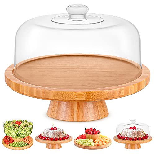 Homeries Bamboo Cake Stand with Lid, Cake Plate, (6 in 1) Multi-Functional Serving Platter, Large Cake Stand with Dome, Cake Display Stand with lid & Cake Dome - Use as Cake Holder, Cake Cover