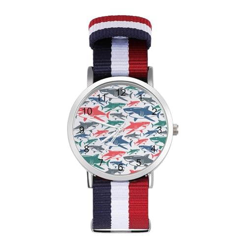 Colorful Shark - Reloj de pulsera unisex de nailon, ajustable, informal, de cara grande, fácil de leer Colorful Shark - Reloj de pulsera unisex de nailon, ajustable, informal, de cara grande, fácil de leer