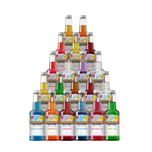 Hawaiian Shaved Ice Syrup Assortment, 20 - 16-ounce Bottles of the Most Popular Flavors Including Cherry, Grape, Blue Raspberry, Lemon-Lime, and Tiger’s Blood. For Snow Cones, Coffee, Cocktails, and More