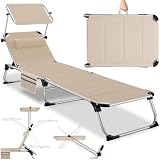 tectake® Tumbona Jardín Exterior de Aluminio, Tumbona Plegable con Reposacabezas, Parasol y Bolsillo Lateral, Playa Reclinable en 6 Posiciones, Resistente a Intemperie - Beige