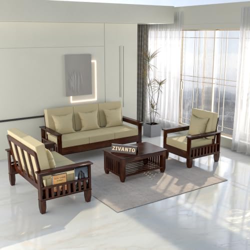 Image of Solid Sheesham Wood 6 Seater Sofa Set for Living Room | Premium Wooden Sofa with Fabric Cushions & Side Magazine Rack | Modern Solid Wood Furniture for Home & Office