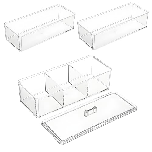 RETON Acrylic Bathroom 3 Compartment Q-tip Holder Dispenser with Lid, Plastic Clear Makeup Organizer with 3 Drawers for Girls, Waterproof Cotton Ball Swab Holder for Cosmetic Hair Tie Lipstick Brush
