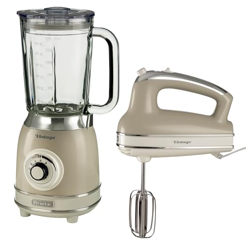 Ariete Vintage Hand Whisk AR4805 & Blender AR8305, Retro Style Food Prep Set with Stainless Steel Blades, Multiple Speed Settings & Easy-Clean Design, Cream