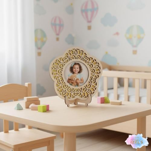 Image of Flower Shape Photo Frame | Wooden Decorative Picture Frame with Floral Laser Cut Border & Clear Acrylic Front | Wall & Tabletop Display | Premium Home Decor & Gift