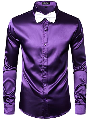 Image of ZEROYAA Men's Luxury Printed Silk Like Satin Button Down Dress Shirt for Party Prom