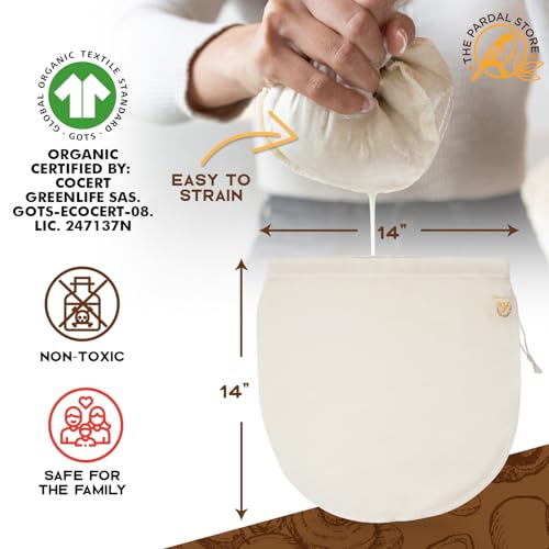 XXL 14"x14" Nut Milk Bag - 100% Organic Unbleached Cotton Easy To Clean Nut Milk Strainer/Cheesecloth Bags, Reusable for Straining Oat Milk, Almond Milk, Cheese making, Celery Juice