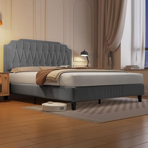 Yaheetech Polsterbett Doppelbett 140 × 200 cm Stoffbett Bettgestell Gepolstertes Bett mit höhenverstellbarem Kopfteil Bettrahmen mit Lattenrost, Hellgrau