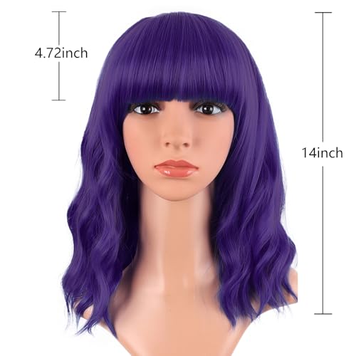 Image of MapofBeauty 14 Inch /35 cm Short Wavy Curly Women Fresh Bright Synthetic Ordinary Flat Bangs Bob Wig (Dark Purple)