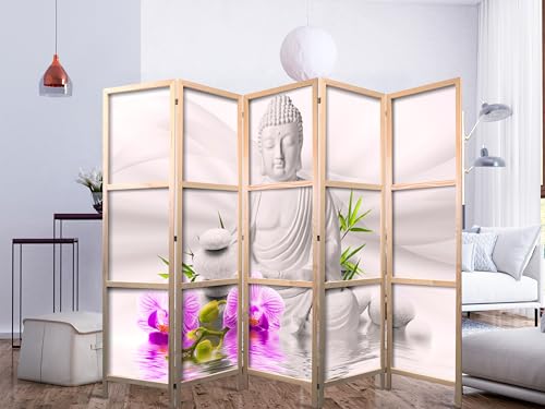 murando - Paravent Innen Raumteiler Holz Buddha 225x172 cm 5-teilig Japanische Trennwand Raumtrenner Room Divider Mobiler Sichtschutz Spanische Wand Raum Abtrennung Blumen Orchidee b-A-0011-bh-c