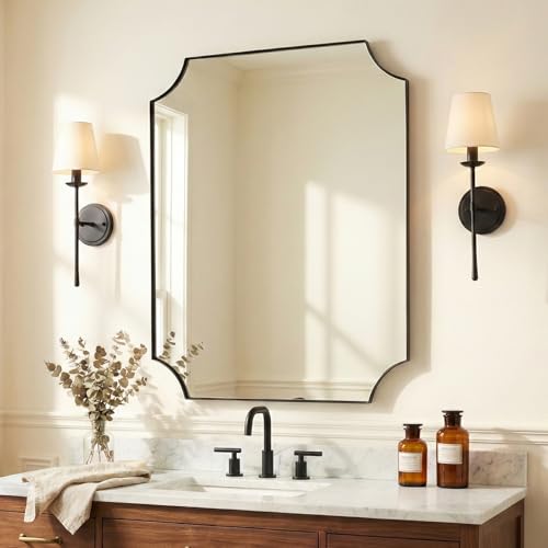 ANDY STAR 24x36 Inch Black Mirror, Matte Black Scalloped Wall Mirror, Modern Black Framed Mirror with Sophisticated Scalloped Design, Glass Panel Wall-Mounted Mirror Hangs Vertical or Horizontal