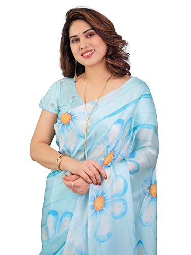 Image of ALMAARI FASHION Satin Georgette Floral Printed Saree with Blouse, Sky Blue with Orange Daisy Flowers, 5.5 Meter, Free Size
