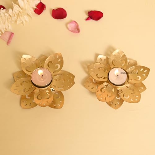 Image of Ascension Set of 2 Golden Lotus Floral Decorative Metal Diyas for Diwali Decor Tea Light Candle Holder for Diwali Decoration Beautiful Decor for Home Temple Festivel Gift for Housewarming
