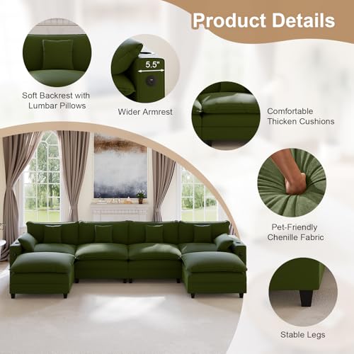 Image of KCGKCG 152 inch Modular Sectional Sofa, U Shaped Cloud Couch with Movable Ottoman, Chenille Deep Seat Cloud Sofa with Charging Station, Cup Holder, Side Pocket, Sectional Couches for Living Room, Green