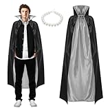Croknit Halloween Cape Costume Set 1 Black Cape with Silver Lining and 1 Pearl Necklace for Halloween Party Drag Performances, Cosplay Conventions, Tribute Acts Accessories