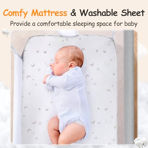 Growaystory Beistellbett Baby Bettseitiger Bassinet für Neugeborene Tragbarer Baby Bett mit Rädern Aufbewahrungskorb Matratze 7-Fach Höhenverstellbar Zustellbett (Hellgrau)