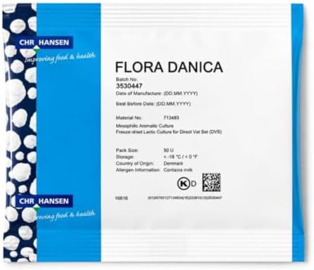 Cheese And Yogurt Making Flora Danica Cheese Starter Culture 50 DCU | Mesophilic Aromatic DVI | Inoculates 500 Litres of Milk | Gouda Edam Camembert Blue Lactic | Freeze Dried | Kosher & Halal