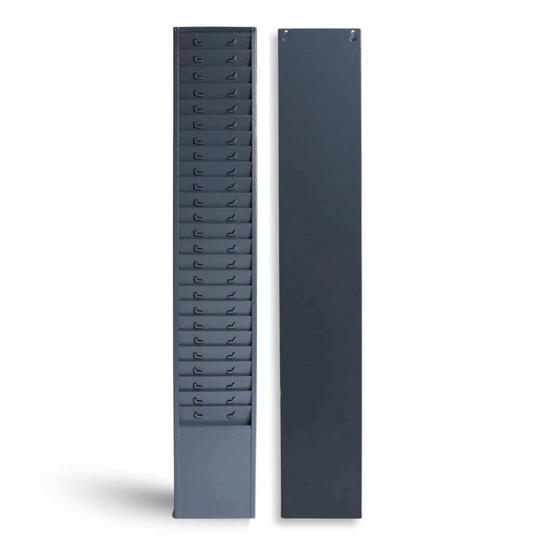 Employee Time Card Rack, 25-Slot Wall Mount Metal Holder, Fits Standard 3.5”–4.5” Cards, Numbered Pockets, 30” Tall Gray-Blue for Office, Warehouse,