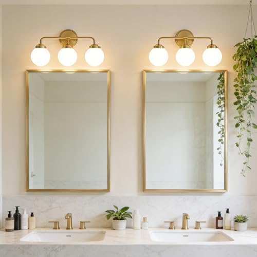 Image of Bathroom Light Fixtures 18.26in 3Light Brushed Gold Vanity Light for Mirror | Bathroom Lighting Fixtures over Mirror, ETL, Brushed Brass Wall Sconce, Dimmable E12 Base Max 60W, Milky Glass Ball Shades