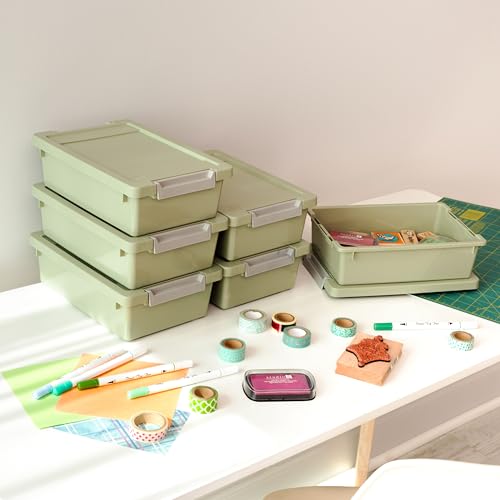 Image of IRIS USA 2 Qt. Craft Storage Bins with Lids, 6-Pack, |Made in USA|, Clip Box, Small Plastic Sensory Bin Tote Organizer Containers for Art Supplies, Paper, & Office, Stackable - Sage Green