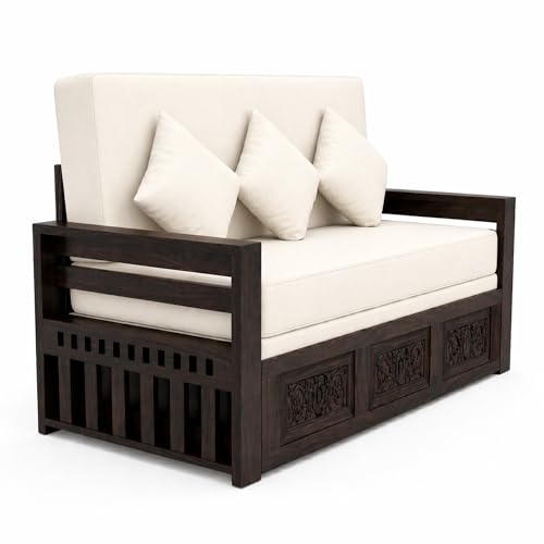 Image of SONA ART & CRAFTS Maharaja Sheesham Wood 3 Seater Sofa Cum Bed | Wooden 3 Seater Sofa for Living Room Wooden Furniture Sofa Bed for Home (Walnut Finish)