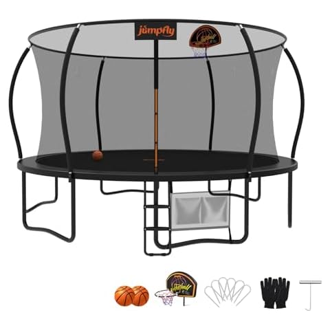 Jumpfly Tranpoline Outdoor Tranpoline for Kid with Basketball Hoop 14FT Recreational Tranpoline with Enclosure Net Dual-color Pad Quick & Easy Assembly ASTM Certified Big Tranpoline for Backyard Black Cover