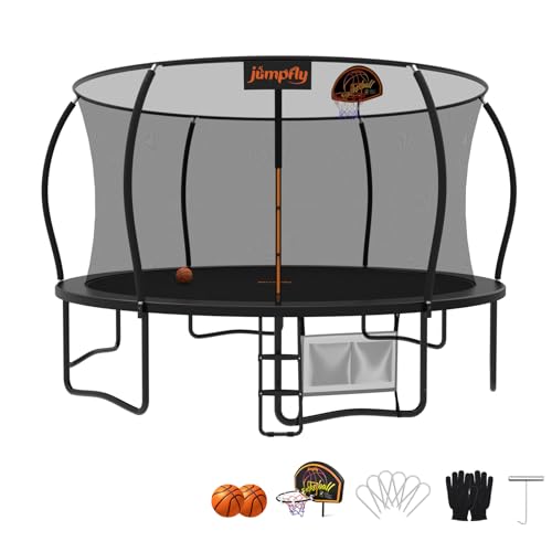 Jumpfly Tranpoline Outdoor Tranpoline for Kid with Basketball Hoop 10FT Recreational Tranpoline with Enclosure Net Dual-color Pad Quick & Easy Assembly ASTM Certified Big Tranpoline for Backyard Black