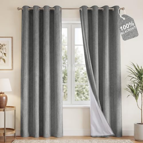 NICETOWN 100% Blackout Grey Curtains Linen...