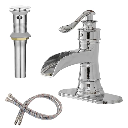 BWE Chrome Bathroom Faucet Waterfall Sink Vanity Single Hole Faucets Restroom Bath One Handle Basin centerset with Pop Up Drain Stopper Mixer Tap Overflow Supply Line