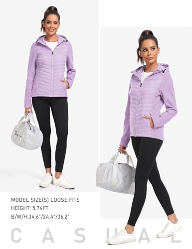 Image of MoFiz Womens Fleece Lined Softshell Jacket Hooded Lightweight Insulated Puffer Hybrid Down Jacket Full Zip Running Coat