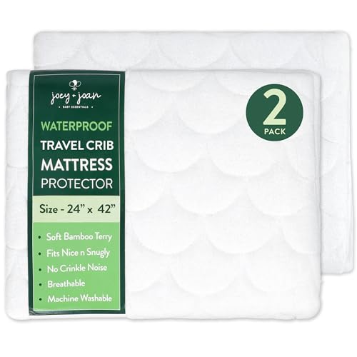 Image of Joey + Joan Waterproof Travel Crib Mattress Pad Cover Compatible with Guava Lotus, Babybjorn, Dream on Me – 2 Pack Quilted Mattress Protector from Ultra Soft Bamboo Viscose Terry – 24" x 42"