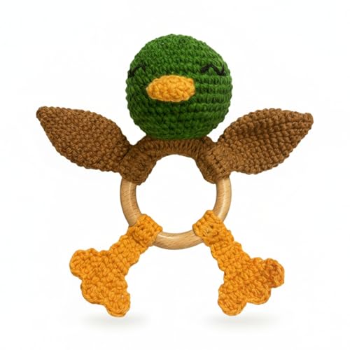 Image of Vlokup Wooden Baby Rattle for Boys and Girls, Crochet Stuffed Animal for Newborn, 3 4 5 6 Month Toys, Mallard Duck