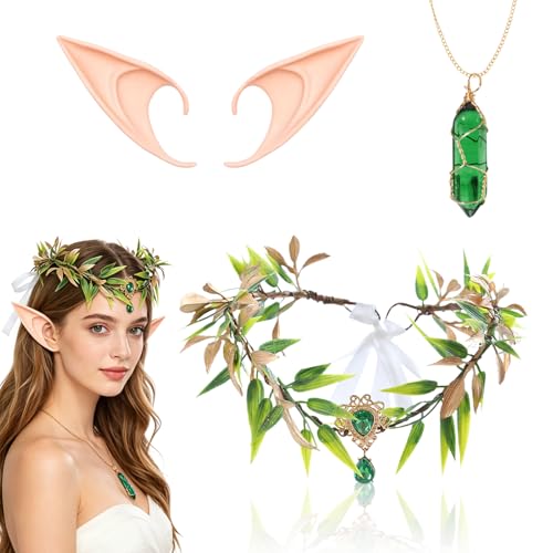 GYIOFAI 3 Pcs Renaissance Elf Costume Fairy Ears Goddess Tiara Pointy Goblin Ears Crown Headband Forest Anime Party Dress Up Fairy Headpiece Accessories for Halloween Christmas Cosplay (Green)