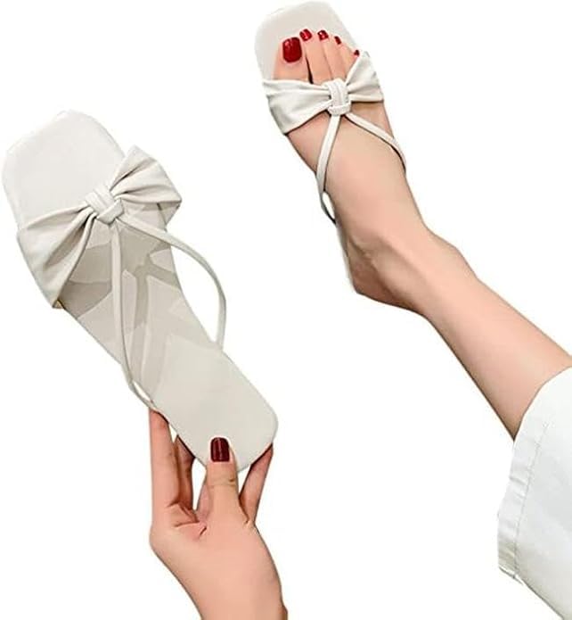 Image of Women's Bow Knot Slip-on Sandals, Open Toe Summer Flats, Cute Sandals for Women Streamlined Fashion Spring and Summer Women Slippers Bow Flat Large Size Elegant Style Casual Beach Shoes